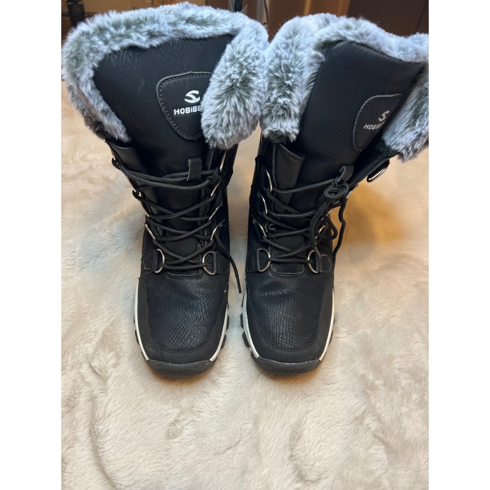 Hobibear Womens Snow Boots Faux Fur Trim Lace Up Quilted Black Size 9 EU 40